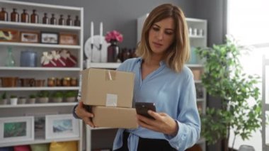 Kadın dekore edilmiş bir ev dekorasyon dükkanında kutuları tutarken arka planda rafları ve bitkileri olan telefonları kontrol ediyor.