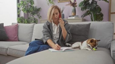 Yetişkin bir kadın, rahat yastıklar ve ev bitkileriyle çevrili rahat bir oturma odasındaki kanepeye oturmuş defterine yazarken telefonda konuşur..