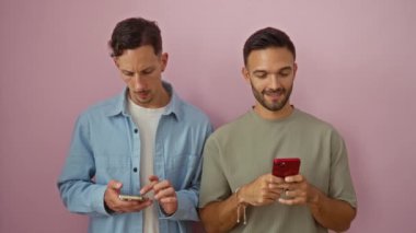 Çift, modern teknoloji ve lgbtq temsilciliği üzerine odaklanmış aşk ve bağlantı unsurlarını gösteren izole edilmiş pembe bir arka planda akıllı telefonları birlikte kullanıyor.