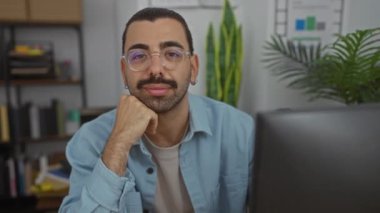 Gözlüklü ve bıyıklı genç adam çalışma odasında oturuyor. Arkasında bitkiler, kitaplar ve çizelgeler var.