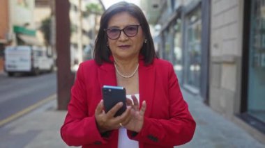 Kırmızı ceketli, kendine güvenen, orta yaşlı İspanyol bir kadın elinde akıllı bir telefonla şehir dışında binaları ve şehir arka planında yolları olan bir sokakta yürüyor..