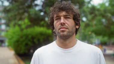 Sakallı genç bir adam şehir çevresindeki bir parkta dikiliyor arka planda yemyeşil ağaçlar ve binalarla çevrili beyaz bir gömlek giyiyor.