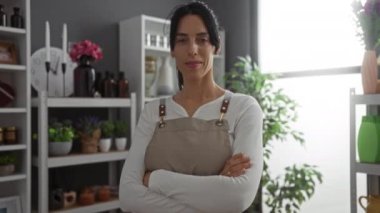 İç dekorasyon ve bitkilerle çevrili bir ev dekoratörü dükkanında kolları çapraz duran İspanyol kadın.