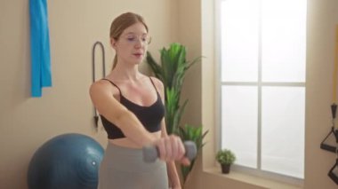 Spor kıyafetleri giyerek spor salonunda halterle egzersiz yapan kadın spor salonuna odaklanıyor ve arka planda görünen ekipmanlarla antrenman yapıyor..