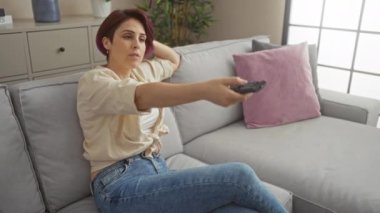 Kısa saçlı genç bir kadın oturma odasında gevşiyor, uzaktan kumandayı televizyona doğrultuyor, içinde büyük bir kanepe ve yastıklar bulunan rahat bir dairesi var..