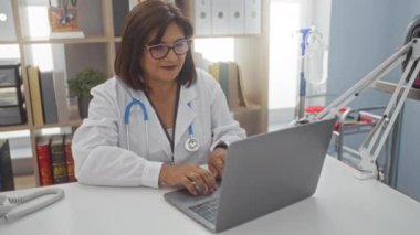 Beyaz önlüklü ve steteskoplu olgun bir kadın doktor, mutlu bir anı kutlamak için parlak bir tıp ofisinde dizüstü bilgisayarda çalışıyor..