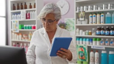 Eczanede ilaç ve ürün raflarıyla çevrili tablet kullanan, gri saçlı ve laboratuvar önlüğü giyen bir kadın. Saatin altında, parlak iç mekanda.
