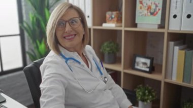 Gülümseyen, sarışın, steteskoplu beyaz önlüklü bayan doktor klinik ofisinde oturuyor, bitki ve raflarla dolu, neşeli bir ifade sergiliyor..