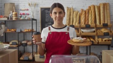 Fırında gülümseyen, elinde kahve ve çörek tutan, arka planda ekmek rafları olan kırmızı önlüklü bir kadın.