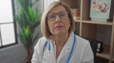 Beyaz önlüklü, gözlüklü ve steteskoplu yaşlı kadın doktor arka planda bitkilerle bir klinikte oturuyor..