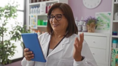 Kısa saçlı, gözlüklü, beyaz laboratuvar önlüğü giyen yaşlı bir İspanyol kadın, arka planda çeşitli ürünlerin bulunduğu bir eczanenin içinde video çağrısında bulundu..