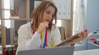 Klinikteki genç, güzel bayan doktor, iş yerindeki hasta dosyalarıyla evrak işlerine odaklanıyor..