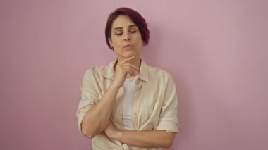 Kafkasyalı genç bir kadın, gömlek giyiyor ve mutlu bir yüzle ayakta duruyor, bir fikri var, bir parmağını soruyla işaret ediyor, pembe bir arka planda izole edilmiş.