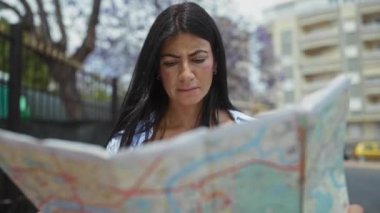 Arka planda şehir binaları olan şehir caddesinde harita okuyan genç bir İspanyol kadın, gündüz vakti açık hava seyahati senaryosunu işaret ediyor..