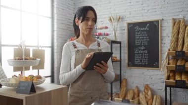 Pastanedeki İspanyol kadın, önlük giyiyor, tablet kullanıyor, etrafında hamur işleri, ekmek ve karatahta menüleri var..