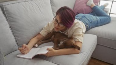 Gözlüklü genç bir kadın rahat bir oturma odasında evcil köpeğiyle kanepede dinlenirken deftere bir şeyler yazıyor..