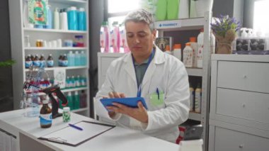 Eczanede çalışan genç bir adam elinde tabletle tezgahta çeşitli ilaçlar ve arka planda ilaç ürünleriyle dolu raflar tutuyor.