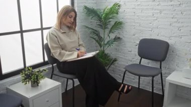 Sarışın, beyaz bir kadın, kapalı bir bekleme odasında oturuyor, bir panoya yazı yazıyor, sandalyelerle çevrili, ve modern bir iç mekanda bir bitkiyle çevrili küçük bir masa..