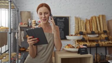 Taze ekmek ve hamur işleriyle çevrili bir pastanede elinde tabletle telefonla konuşan bir kadın.