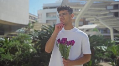 Arka planda modern binalar olan bir şehir parkında elinde bir buket mor çiçek tutan İspanyol genç adam..