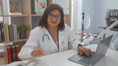 Klinikte çalışan orta yaşlı bir İspanyol kadın doktor, telefon ve dizüstü bilgisayar kullanıyor, arkasında steteskop ve tıbbi ekipmanlar var..
