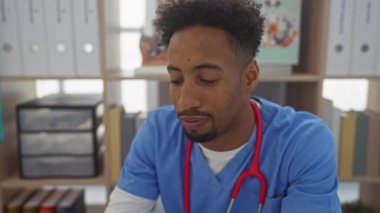 Klinikte çalışan sakallı, mavi üniformalı, steteskoplu, etrafı kitaplarla ve ofis malzemeleriyle çevrili yakışıklı Afro-Amerikan bir adam..