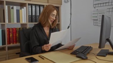 Modern ofiste dokümanları okurken kapalı yumrukla kutlama yapan kadın, profesyonel bir iş ortamında başarılı bir an sergiliyor