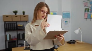 Sarışın, beyaz bir kadın, iş yeri ortamında dosyaları, bitkileri ve ofis ekipmanlarıyla çevrili belgeleri inceliyor..