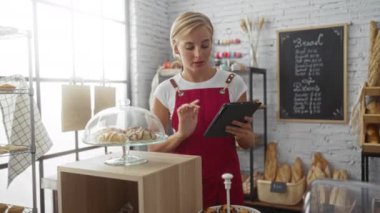 Fırında çalışan bir kadın taze hamur işleri ve ekmekle çevrili bir tabletteki envanteri kontrol ediyor.