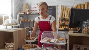 Kırmızı önlüklü genç bir kadın pastanede çalışıyor. Etrafı hamur işleri ve ekmeklerle çevrili.