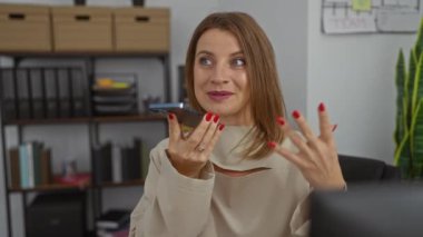 Sarışın, beyaz bir kadın, arka planda raflar olan kapalı bir ofiste telefonla konuşuyor..
