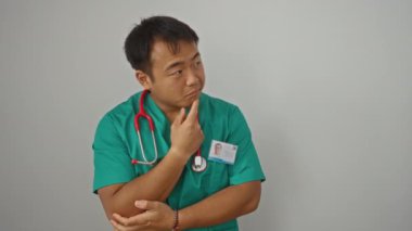 Doktor üniformalı genç Çinli adam düşünceli ve ciddi bir şekilde çenesi üzerinde düşünüyor, düşüncelerini ve sorularını izole edilmiş beyaz arka plan üzerinde düşünüyor.
