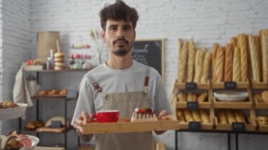 Genç İspanyol bir adam elinde kırmızı bardakla bir tepsi tutarken gülümsüyor ve bir fırının içinde çeşitli ekmek ve hamur işleri sergileniyor.