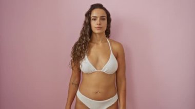 Bikinili bir kadın, elleri ile gözlerini kapayan genç bir İspanyol kadın, tecrit edilmiş pembe arka plan üzerindeki negatif korku ifadesiyle dur işareti yapıyor.