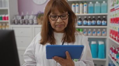 Eczanede çalışan İspanyol bir kadın çeşitli şişe ve ürünlerle dolu rafların arasında tablet kullanıyor..