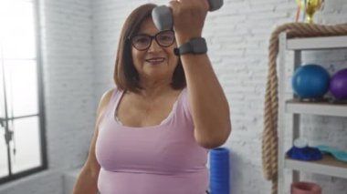 Olgun İspanyol kadın, çeşitli fitness ekipmanlarının yer aldığı iyi ışıklandırılmış bir spor salonunda dambıllarıyla egzersiz yapıyor..