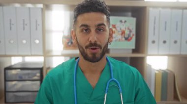 Steteskoplu yeşil önlük giyen genç bir İspanyol iyi organize edilmiş bir veteriner kliniğinde portre için poz veriyor..