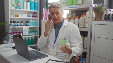 Eczanede telefonla konuşan eczacı. Etrafı ilaç şişeleri ve tuvalet malzemeleriyle dolu dizüstü bilgisayar kullanıyor.