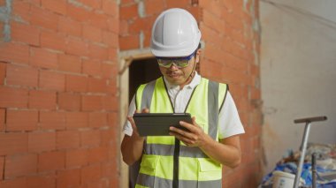 İnşaat alanında güvenlik donanımı takan yakışıklı Asyalı bir adam ve duvarın arkasında duran bir tablet kullanıyor.
