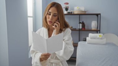 Sağlık merkezinde gazete okurken kaplıcada telefonla konuşan bir kadın.