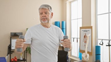 Gri saçlı bir adam fizyoterapi kliniğinin odasında dambıllarla egzersiz yapıyor..