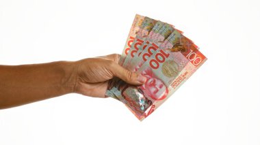 İzole edilmiş beyaz arka planda birkaç yeni Zelanda doları tutuyor.