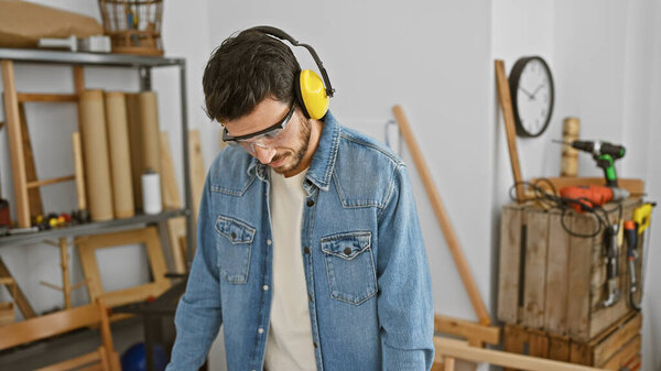 Handsome hispanic man with beard wearing safety gear in a carpentry workshop