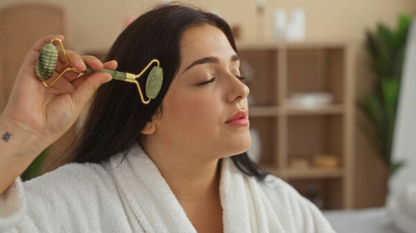 Женщина в спа-салоне с нефритовым роликом для массажа лица, повышающего красоту и здоровье