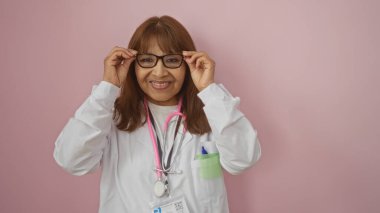 Yaşlı bir İspanyol kadın doktor gözlük takıyor ve beyaz önlüklü pembe bir arka plana gülümsüyor..