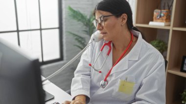 Bir klinikte kapalı bir yerde çalışan, gözlük takan ve steteskop takan İspanyol bayan doktor hastane ofisindeki masasındaki bir telefona odaklanmıştı..