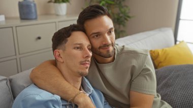 Oturma odasındaki kanepede kucaklaşan erkekler, evlerinde oturan eşcinsel bir çift arasındaki sevgi dolu, samimi bir anı ifade eder..
