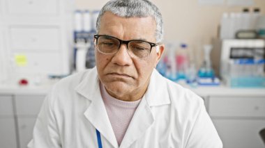 Gözlüklü, laboratuvar önlüğü giymiş orta yaşlı bir adam laboratuvar ortamında poz veriyor..