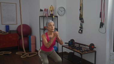 Gri saçlı kadın spor salonunda egzersiz yapıyor. Spor salonunda çömelme hareketleri yapıyor. Arka planda spor malzemeleri var.