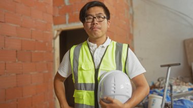 Genç, Çinli, elinde beyaz kasketi olan bir adam güvenli bir şekilde bir inşaat alanında yansıtıcı yelek giyiyor..